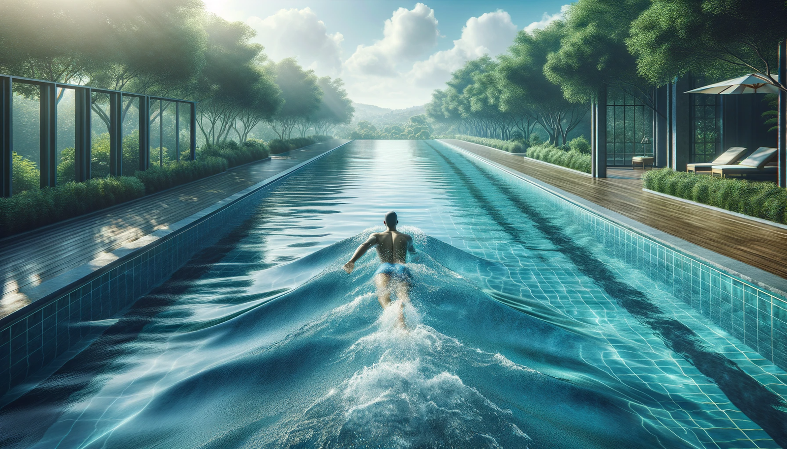 A person swimming in a large, tranquil outdoor pool